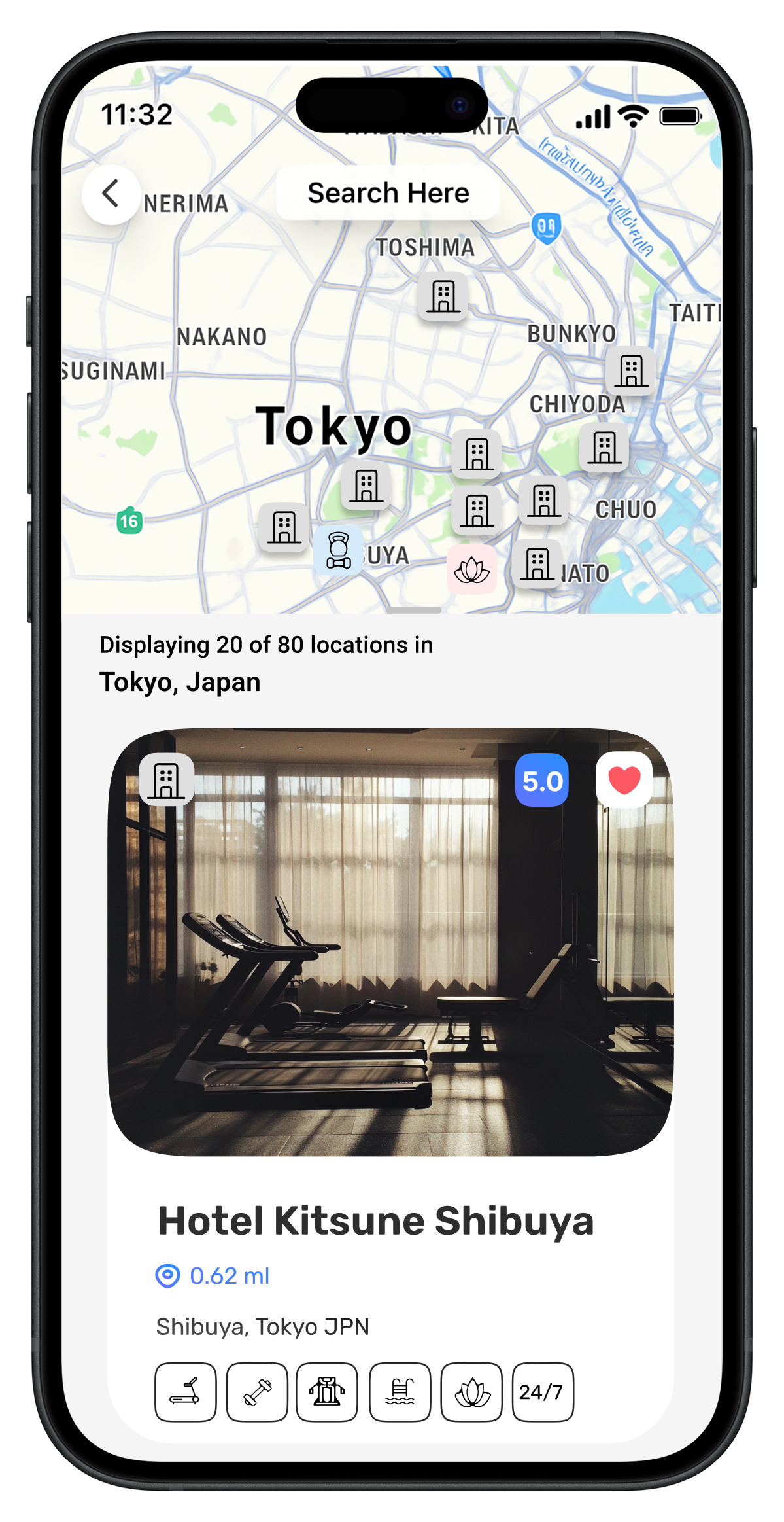 TravelTone hotel gym review app interface showing gym ratings, equipment details, and booking options on iPhone